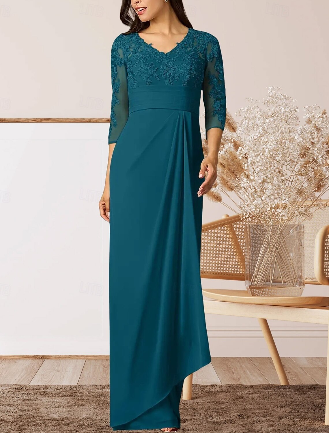 Sheath / Column Mother of the Bride Dress Wedding Guest Elegant High Split V Neck Floor Length Chiffon 3/4 Length Sleeve with Ruffles Appliques Ruching