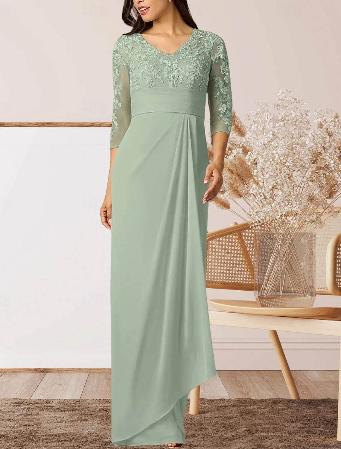 Sheath / Column Mother of the Bride Dress Wedding Guest Elegant High Split V Neck Floor Length Chiffon 3/4 Length Sleeve with Ruffles Appliques Ruching