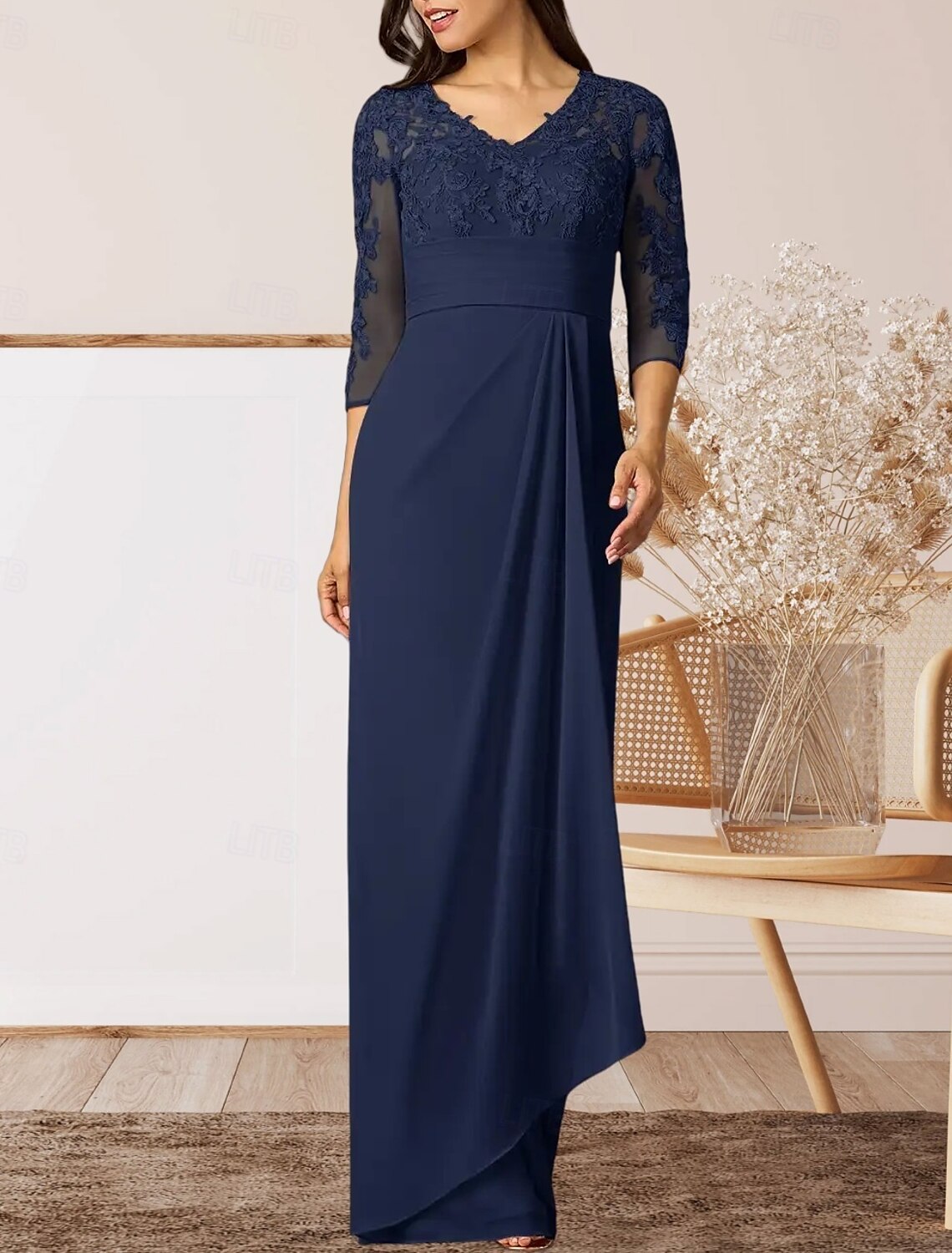Sheath / Column Mother of the Bride Dress Wedding Guest Elegant High Split V Neck Floor Length Chiffon 3/4 Length Sleeve with Ruffles Appliques Ruching