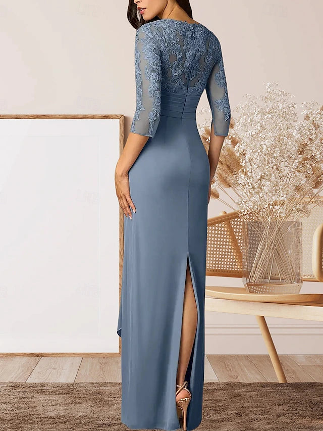 Sheath / Column Mother of the Bride Dress Wedding Guest Elegant High Split V Neck Floor Length Chiffon 3/4 Length Sleeve with Ruffles Appliques Ruching