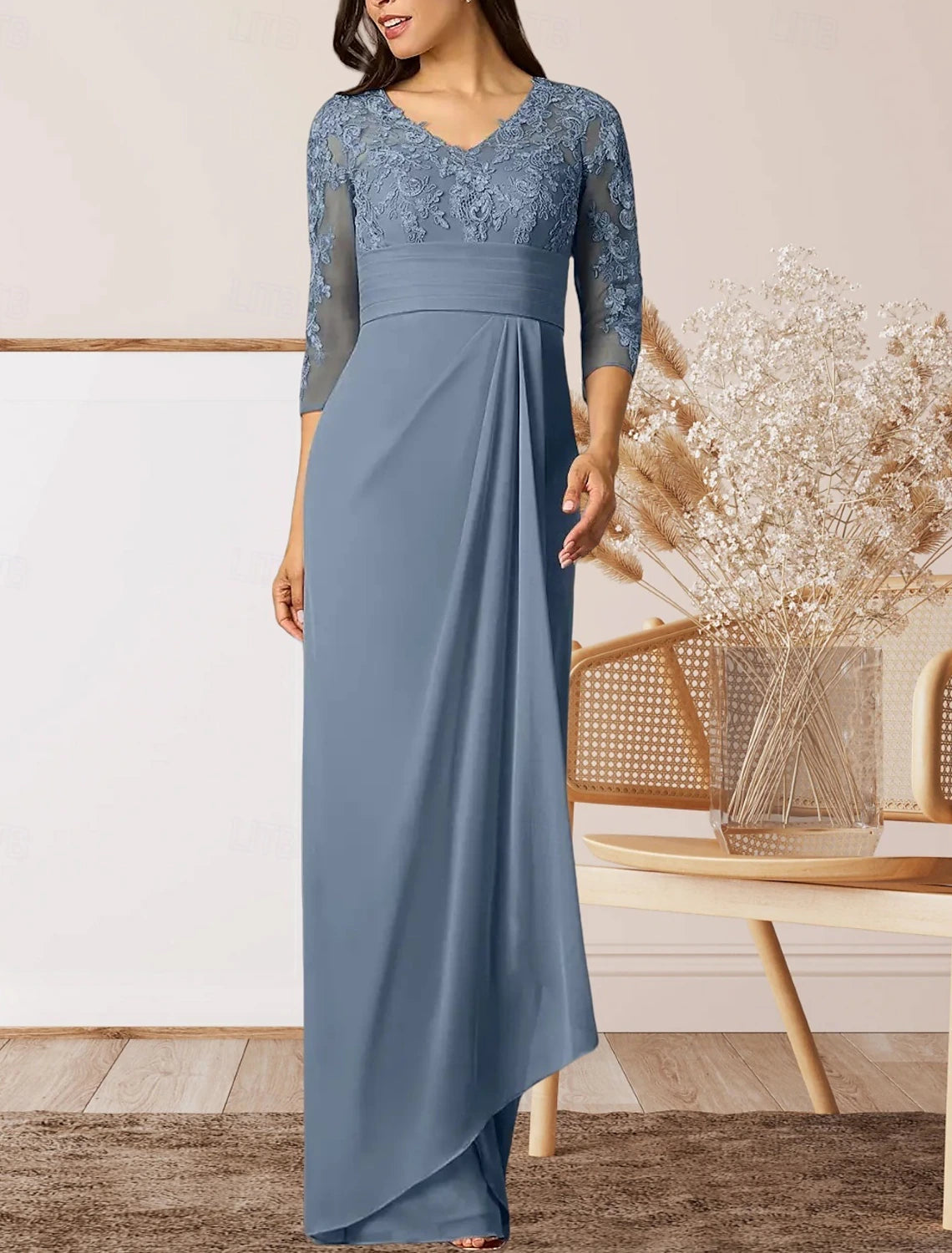 Sheath / Column Mother of the Bride Dress Wedding Guest Elegant High Split V Neck Floor Length Chiffon 3/4 Length Sleeve with Ruffles Appliques Ruching