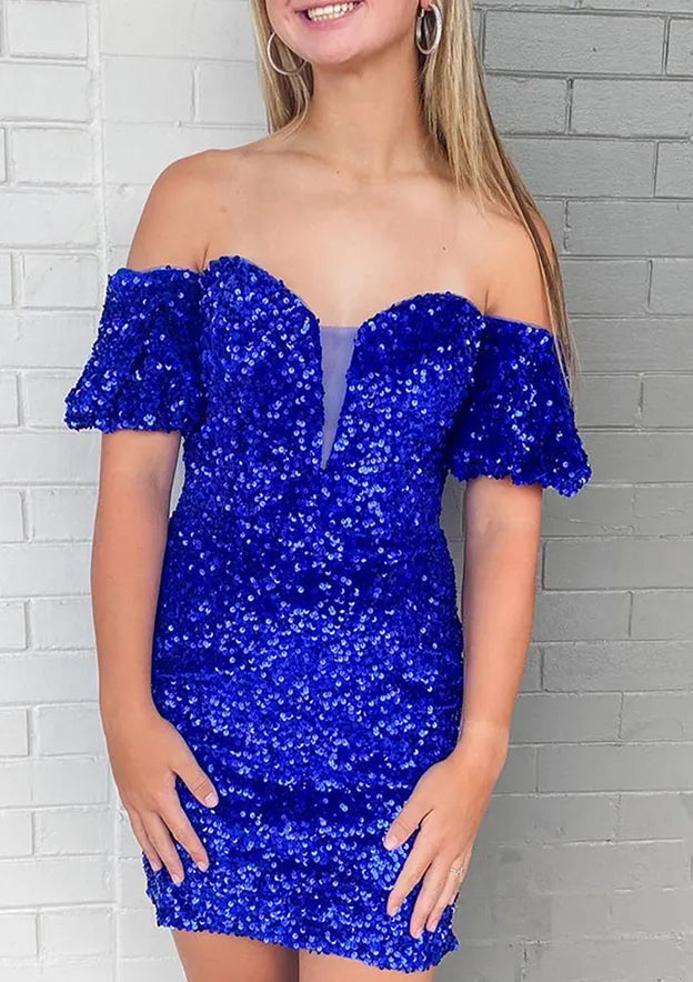 Sheath/Column Off-the-Shoulder Short Sleeve Sequined Short/Mini Homecoming Dress