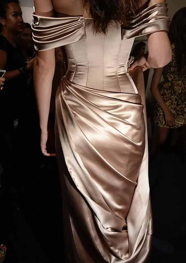 Sheath/Column Off-the-Shoulder Short Sleeve Sweep Train Satin Prom Dress With Pleated ﻿