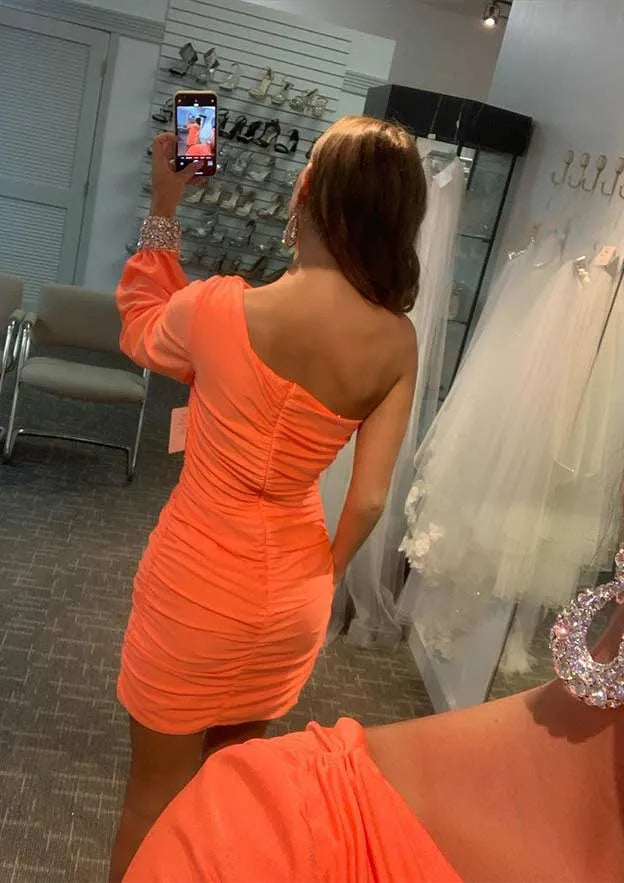 Sheath/Column One-Shoulder Full/Long Sleeve Short/Mini Jersey Homecoming Dress with Crystal Pleated