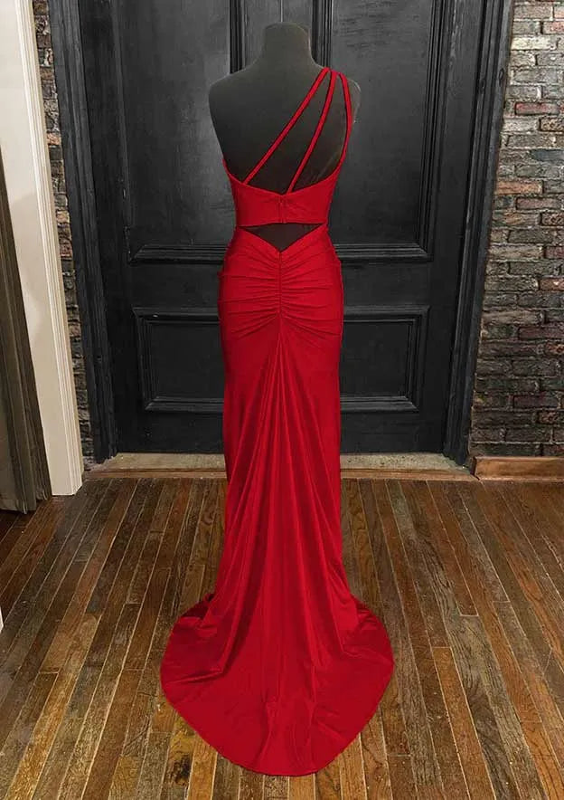 Sheath/Column One-Shoulder Sleeveless Jersey Long/Floor-Length Prom Dress With Pleated Split