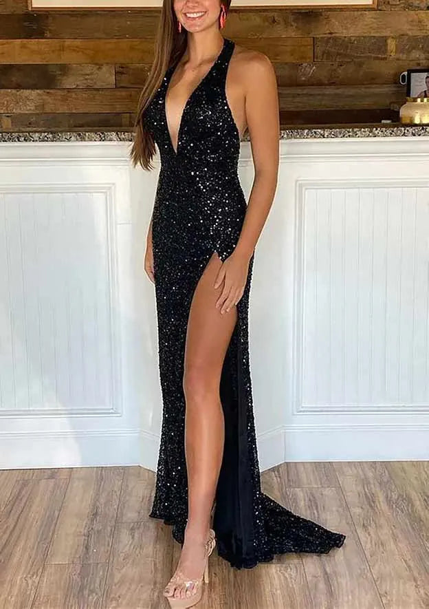 Sheath/Column V Neck Sleeveless Court Train Velvet Sequins Prom Dress With Split