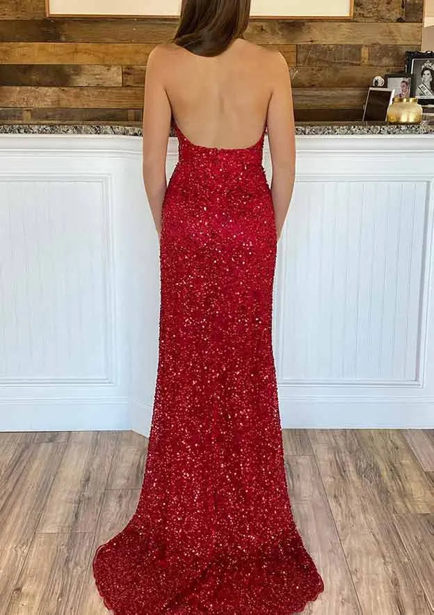 Sheath/Column V Neck Sleeveless Court Train Velvet Sequins Prom Dress With Split