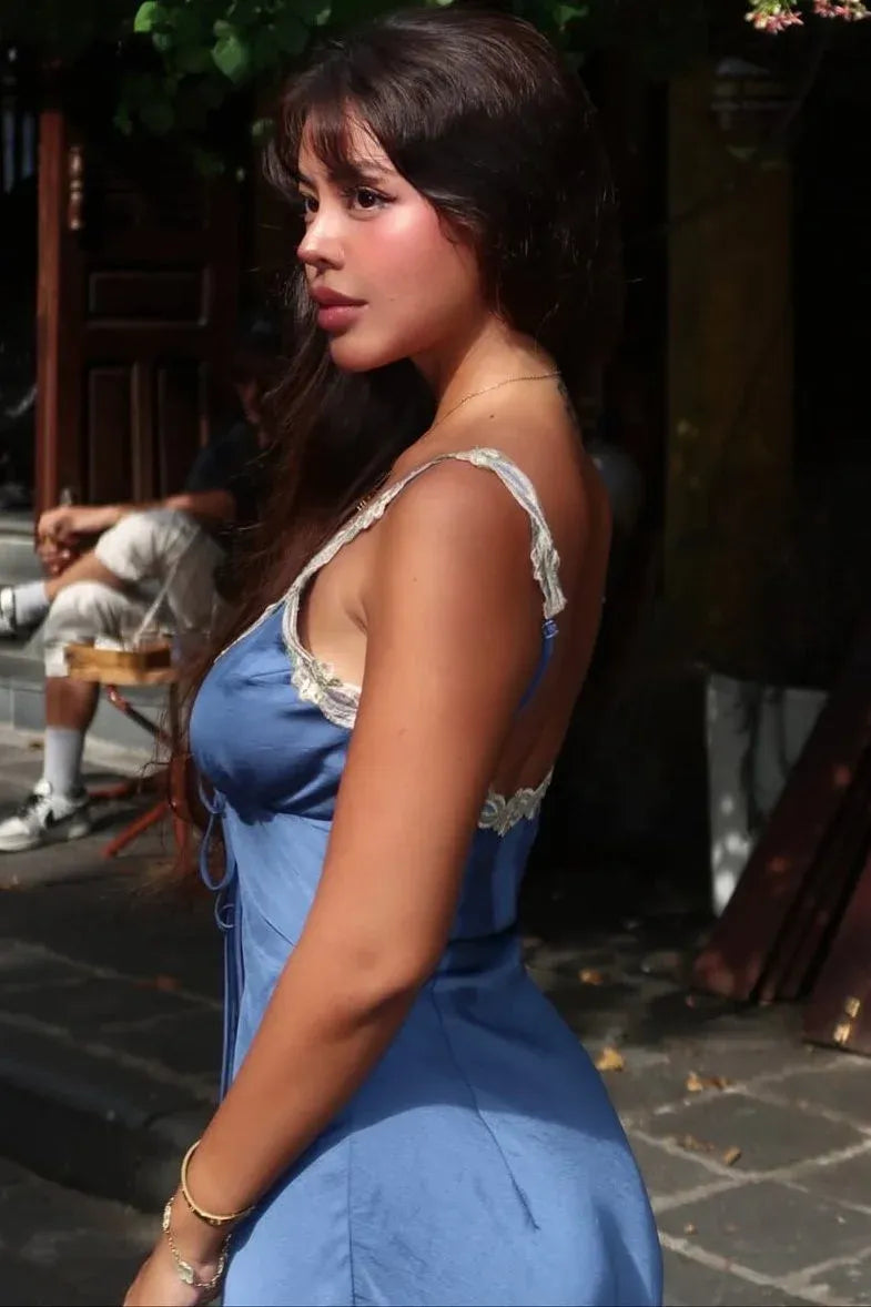 Sheath Deep V Neck Lace Appliques Satin Blue Prom Dress For Women