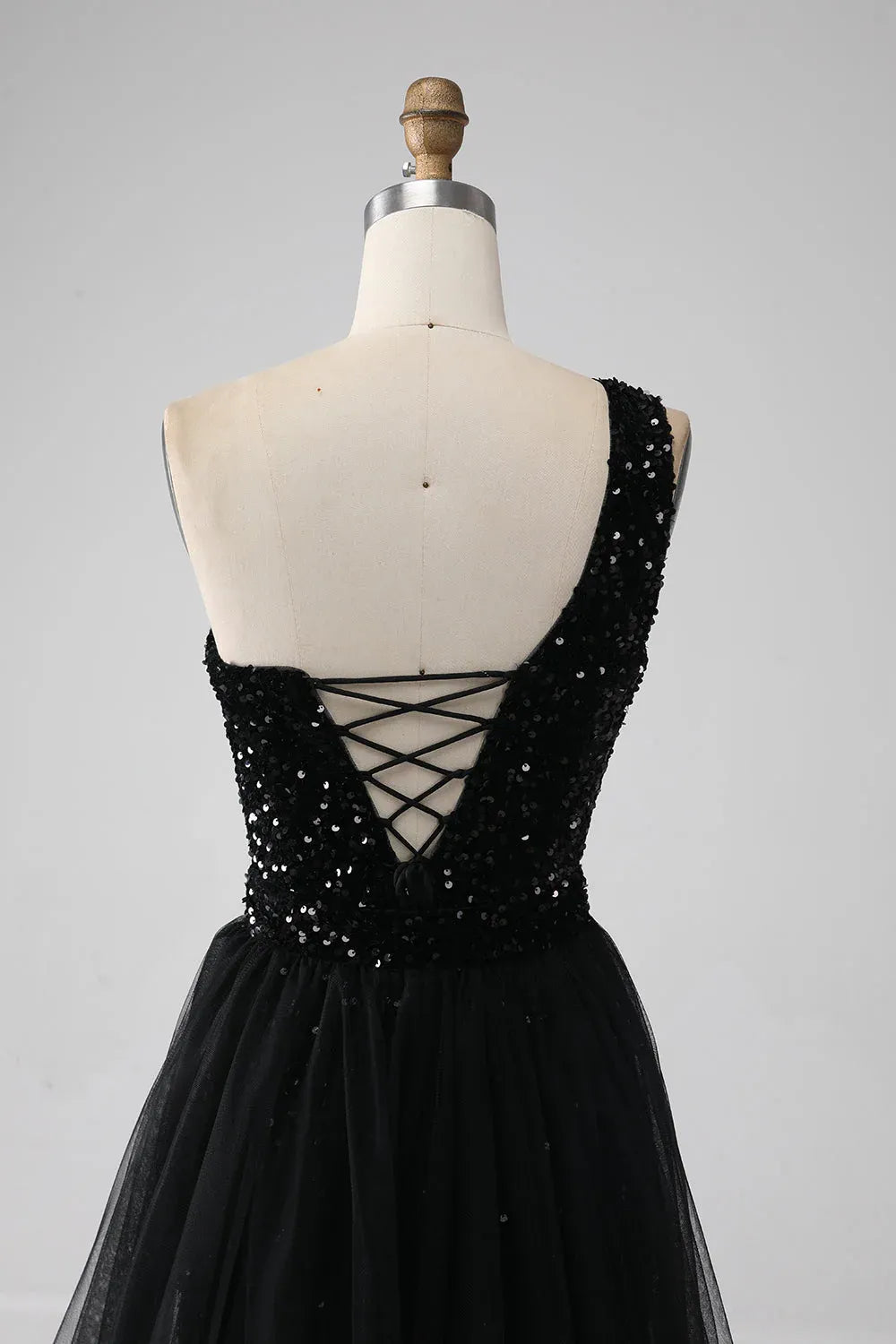 Sheath One-Shoulder Sequin Tulle Black Long Prom Dress With Train Hot Sale