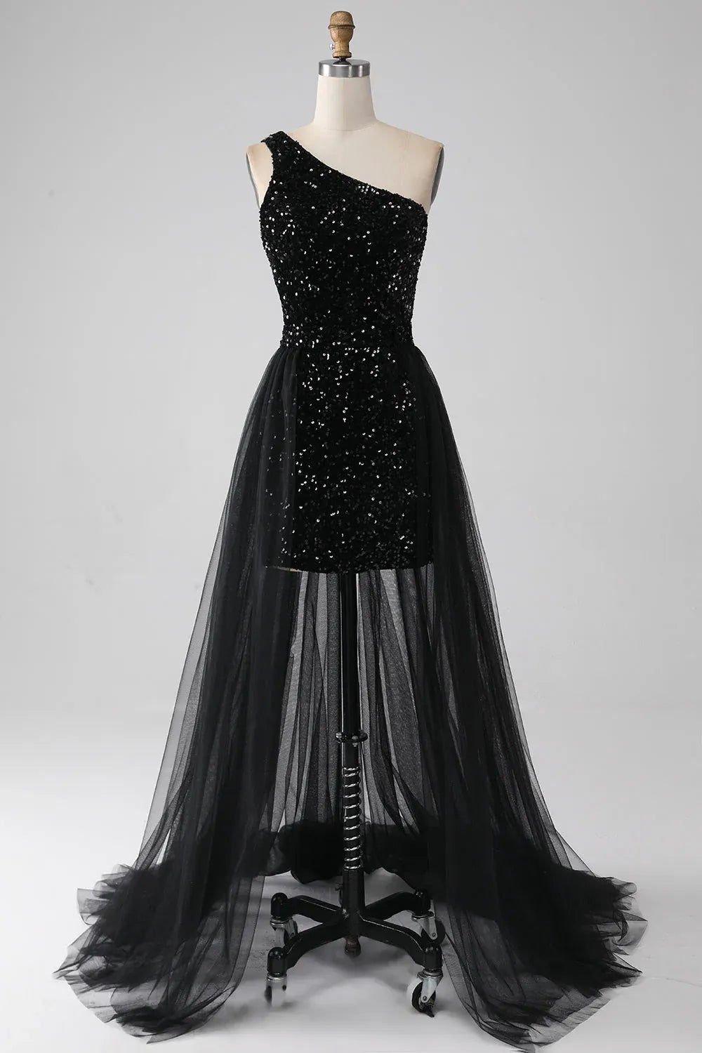 Sheath One-Shoulder Sequin Tulle Black Long Prom Dress With Train Hot Sale