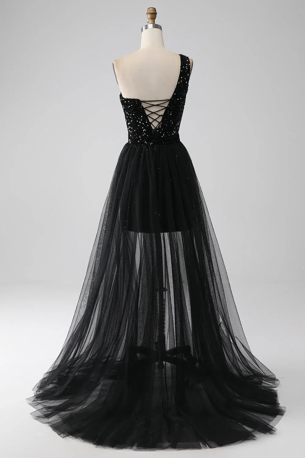 Sheath One-Shoulder Sequin Tulle Black Long Prom Dress With Train Hot Sale