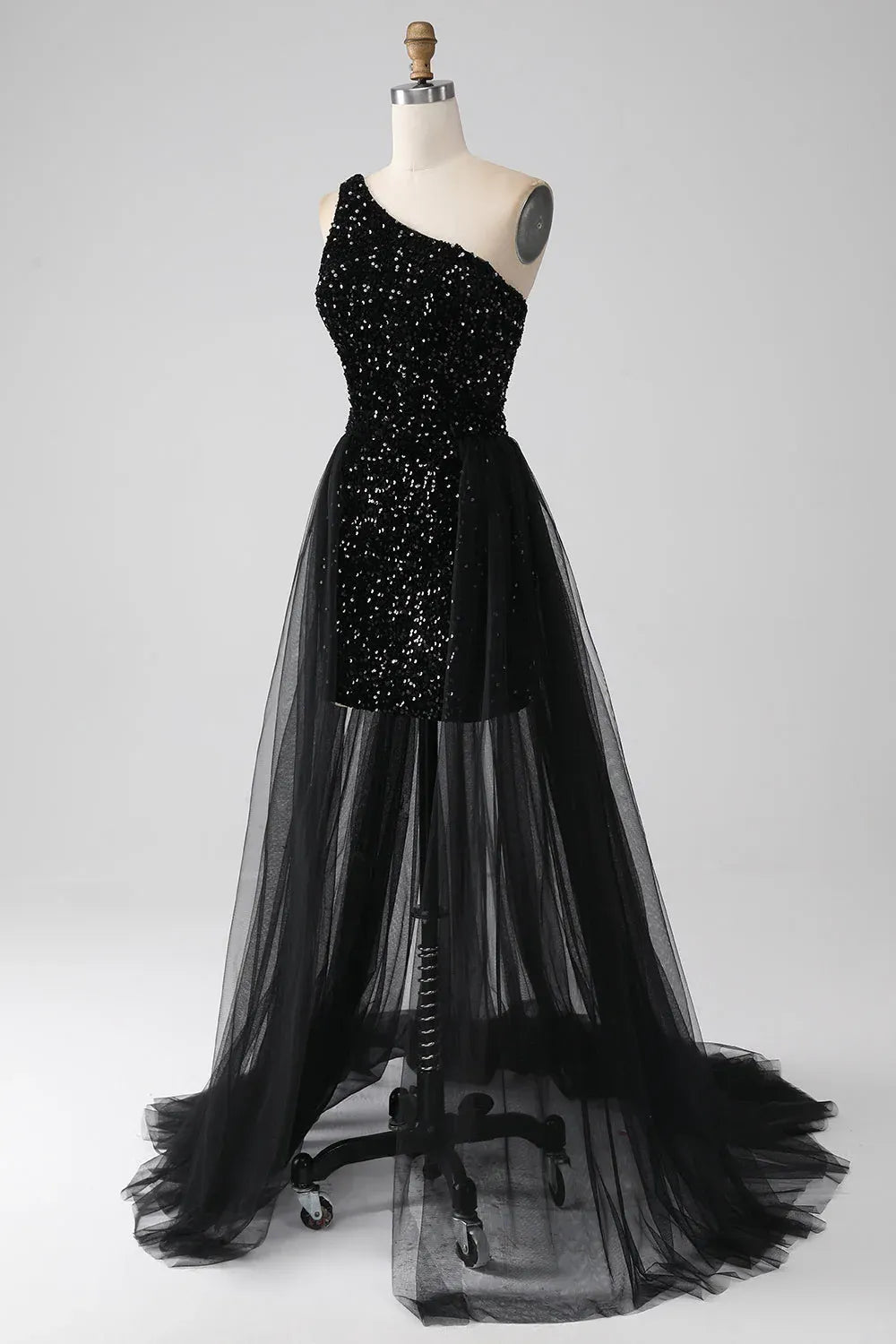 Sheath One-Shoulder Sequin Tulle Black Long Prom Dress With Train Hot Sale