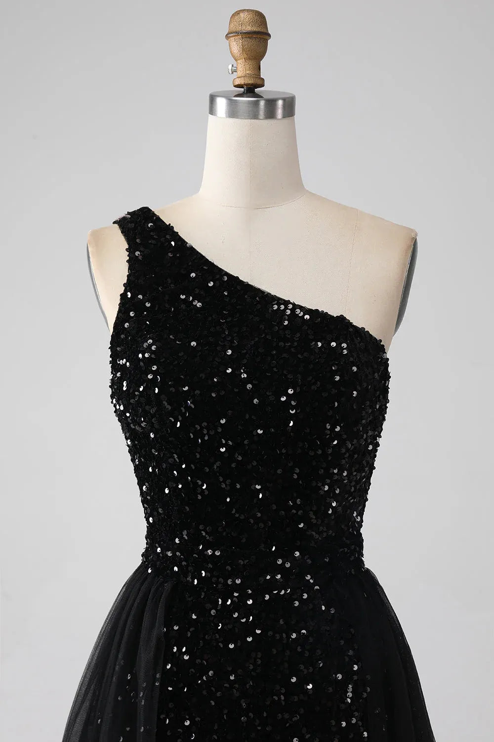 Sheath One-Shoulder Sequin Tulle Black Long Prom Dress With Train Hot Sale