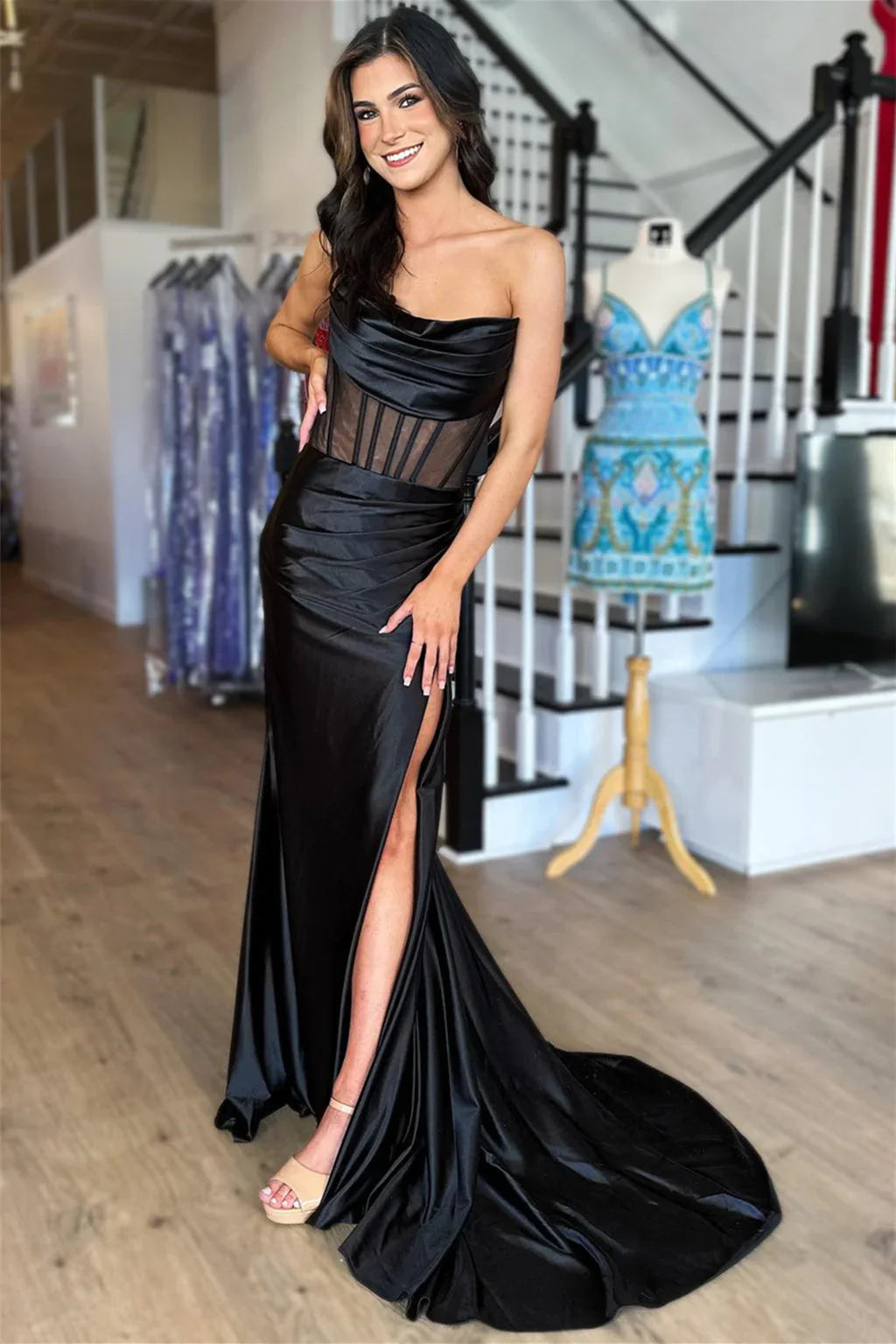 DingJiDress Sheath Satin Strapless Pleated Boning Sheer Long Prom Dress with Slit