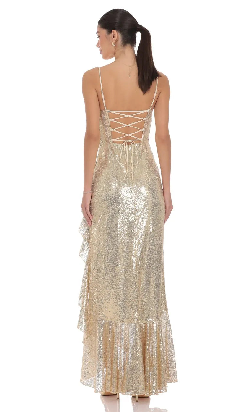 Shimmering Sheath Square Neck Spaghetti Strap Lace Up Back Floor Length Slit Prom Dresses