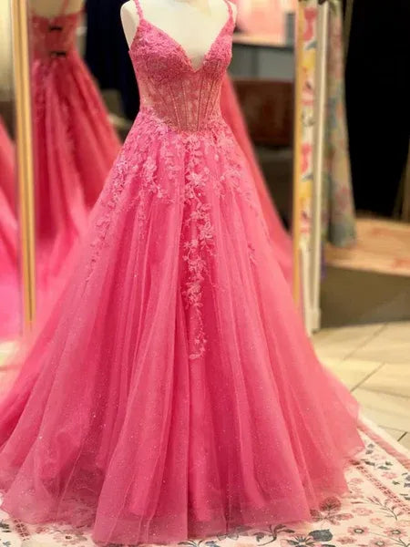 Shiny A-Line V Neck Corset Lace Applique Tulle Hot Pink Long Prom Dress