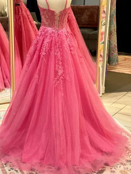 Shiny A-Line V Neck Corset Lace Applique Tulle Hot Pink Long Prom Dress