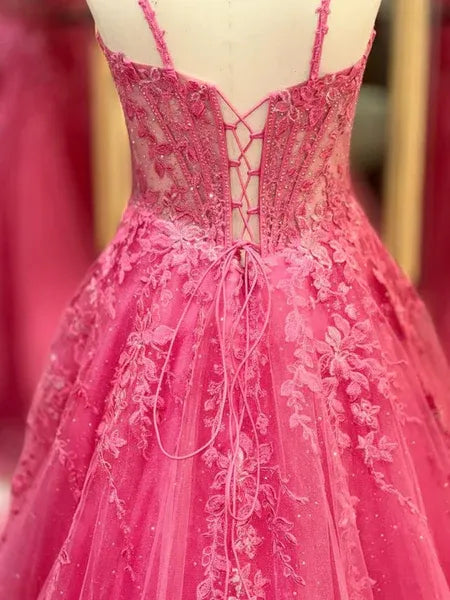 Shiny A-Line V Neck Corset Lace Applique Tulle Hot Pink Long Prom Dress