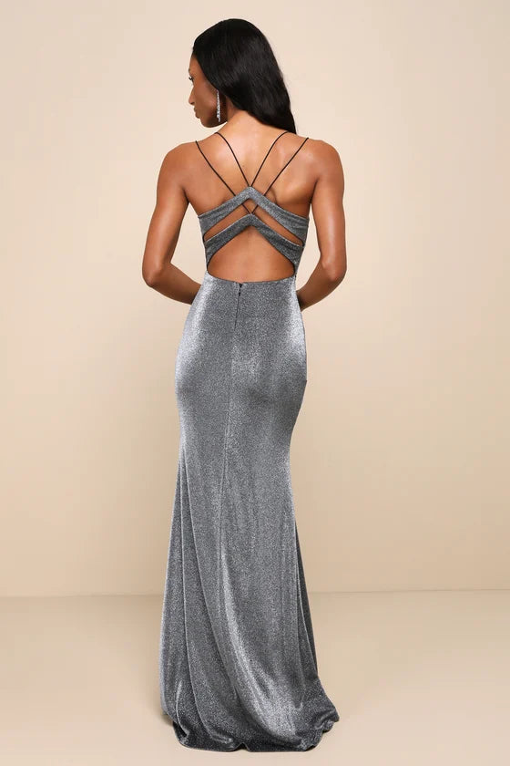 Shiny Silver and Black Backless Evening Dresses