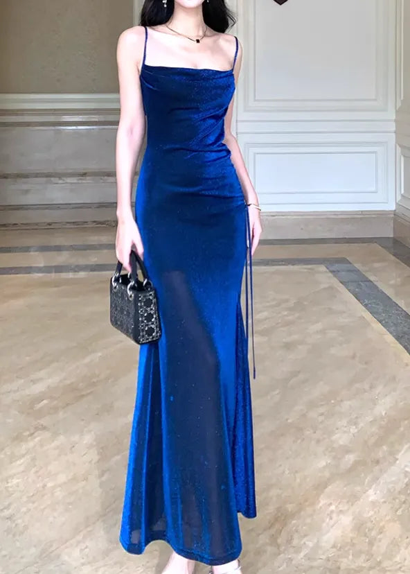 Shiny silk slim suspender dress blue party dress