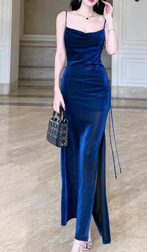 Shiny silk slim suspender dress blue party dress