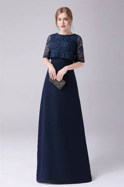 Short sleeves Jewel Lace Floor Length Casual mother's dress