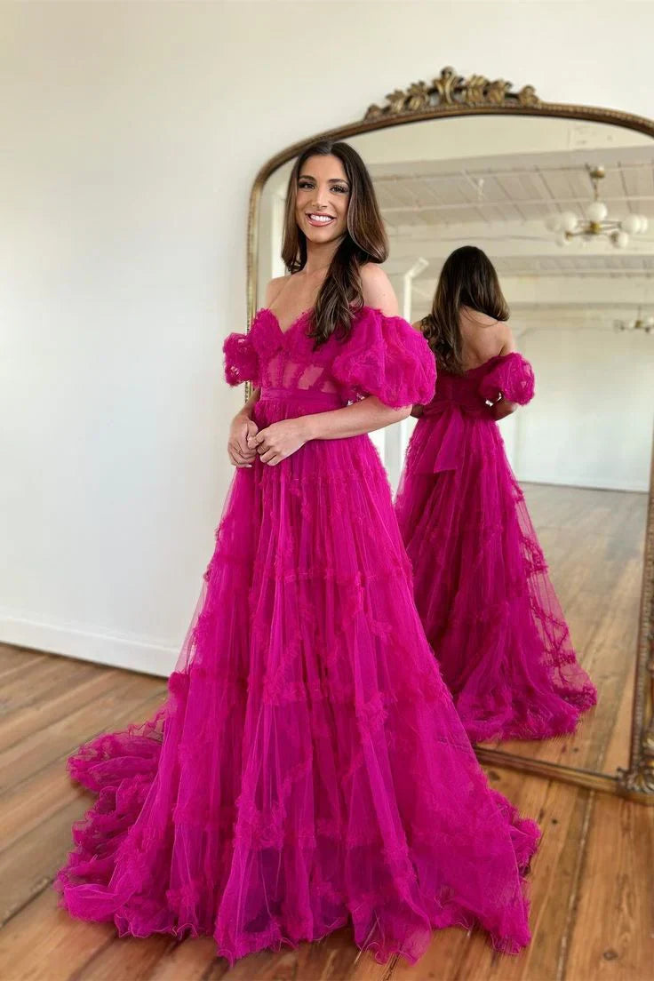 DingJiDress Prom Dresses For Woman A Line Off the Shoulder Tull