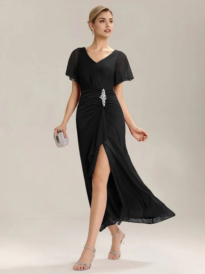 Side Split Chiffon Ruffle Mother of the Bride Dresses ﻿