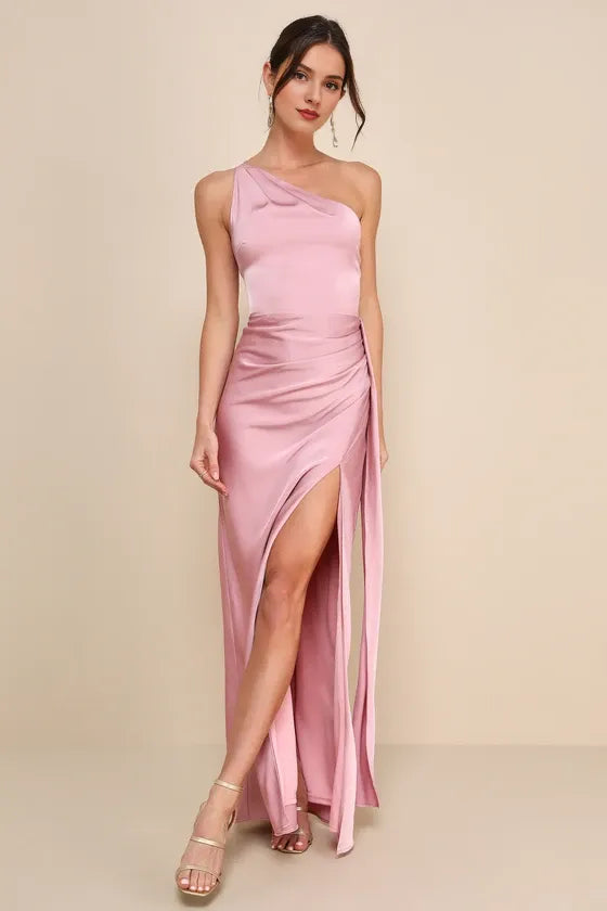 Signature Elegance Rose Satin One-Shoulder Evening Dresses