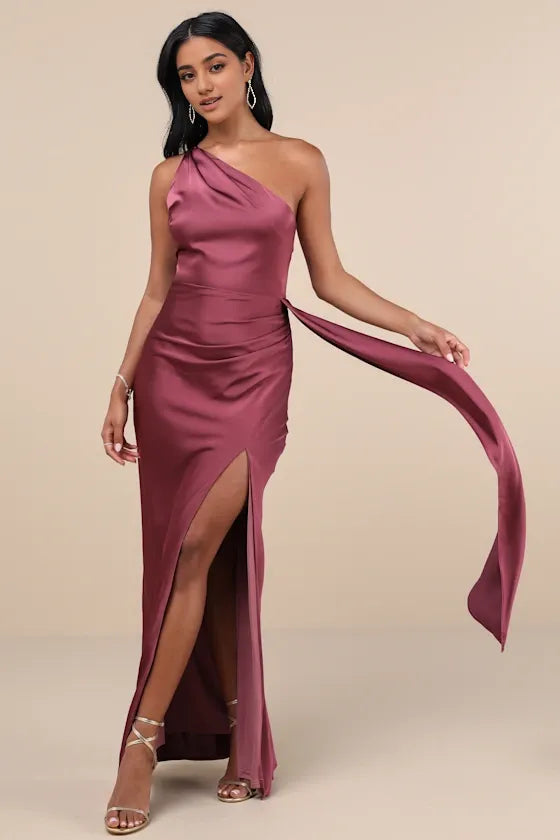 Signature Elegance Rose Satin One-Shoulder Evening Dresses