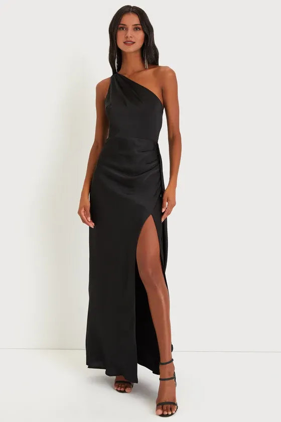 Signature Elegance Rose Satin One-Shoulder Evening Dresses