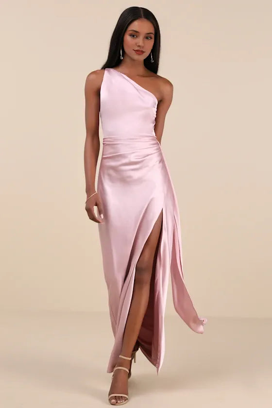 Signature Elegance Rose Satin One-Shoulder Evening Dresses