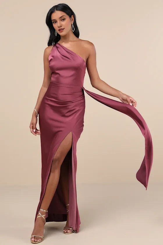 Signature Elegance Rose Satin One-Shoulder Evening Dresses