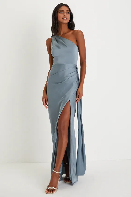 Signature Elegance Rose Satin One-Shoulder Evening Dresses