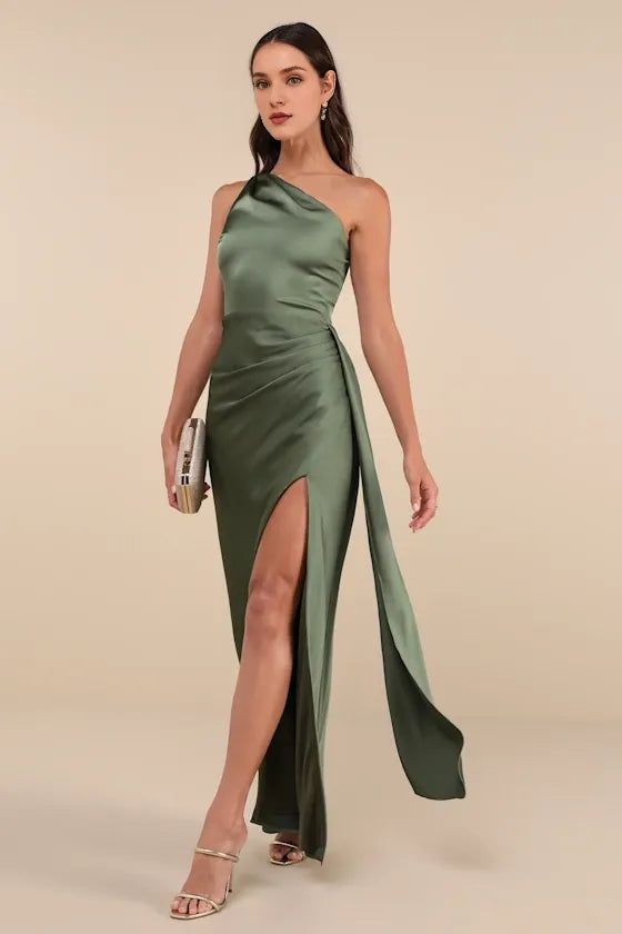 Signature Elegance Rose Satin One-Shoulder Evening Dresses