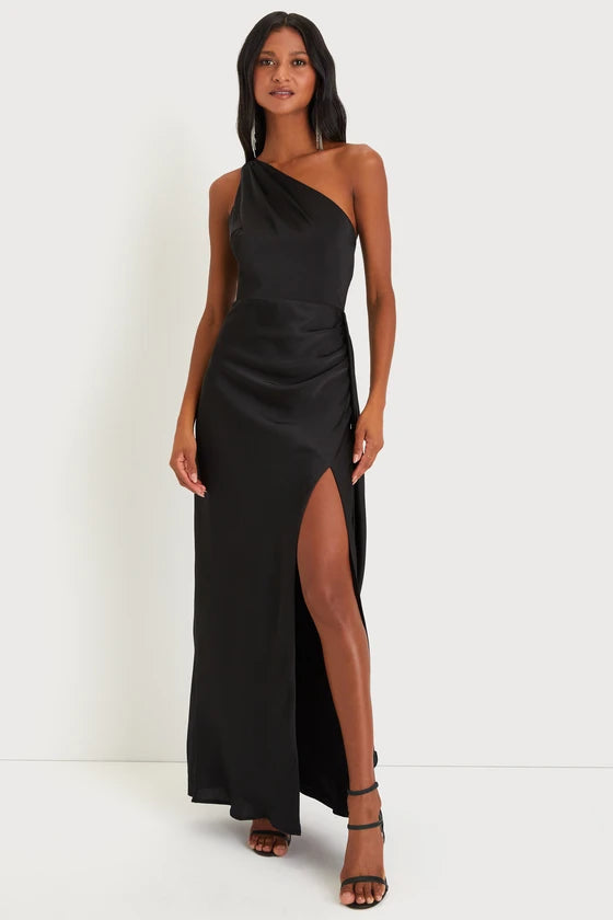 Signature Elegance Rose Satin One-Shoulder Evening Dresses