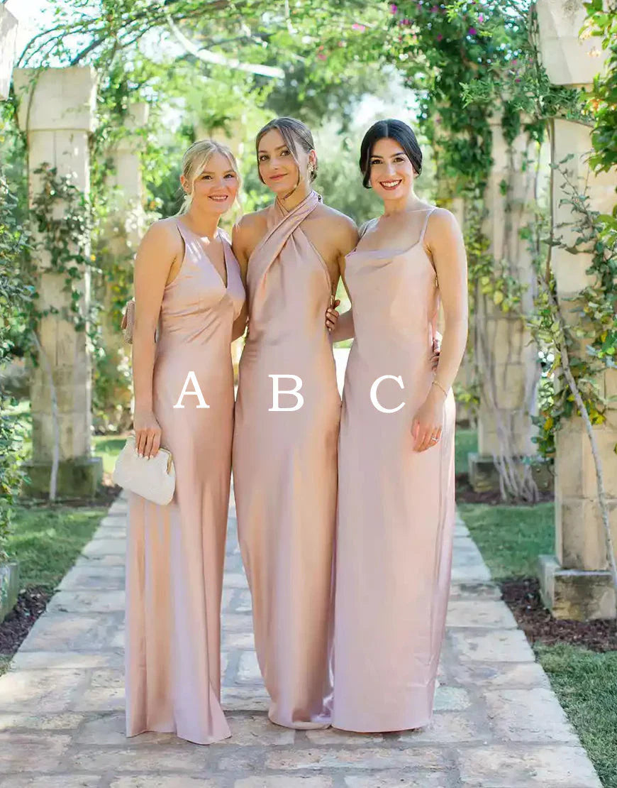 DingJiDress Mismatched Sheath Silk Blush Long Bridesmaid Dress