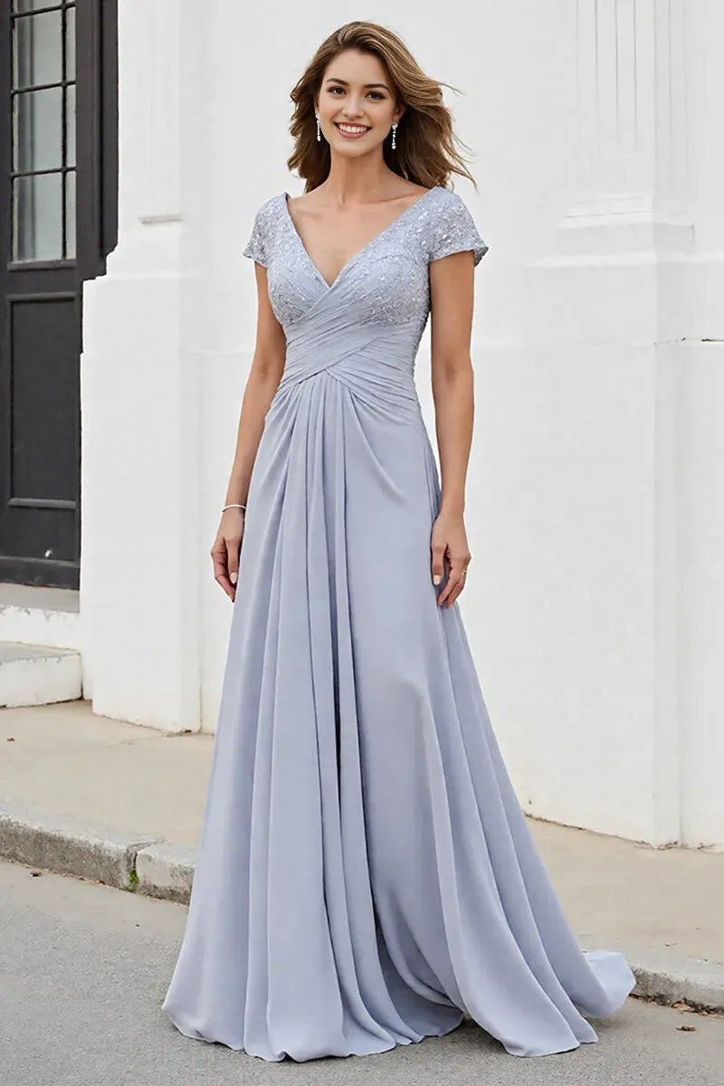 Silver Chiffon A Line Mother of the Bride Dress with Appliques