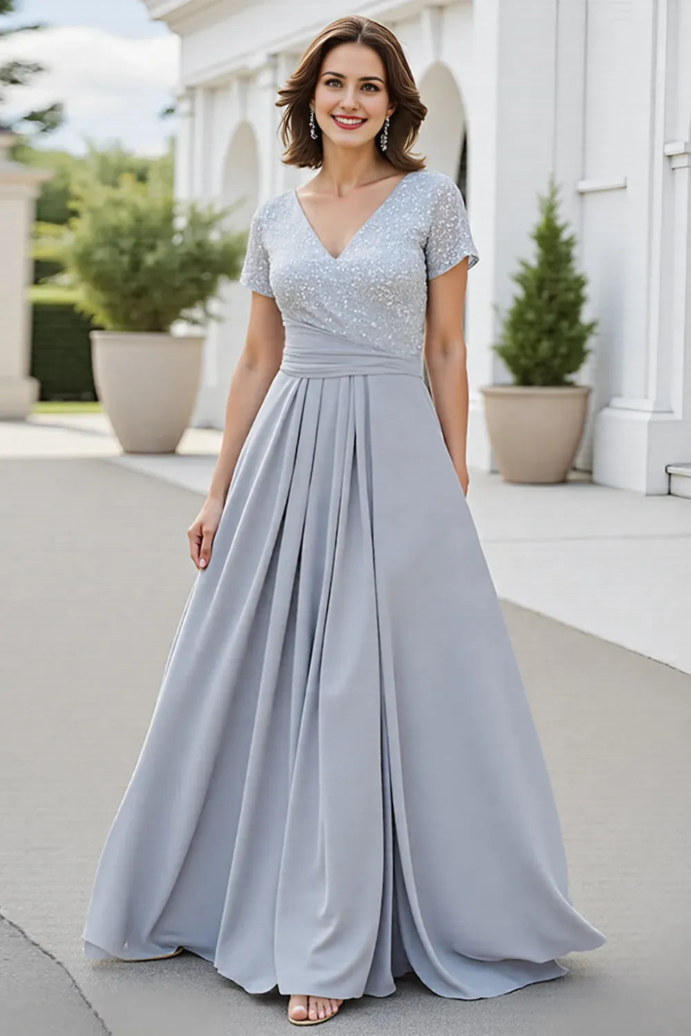 Silver Chiffon V-Neck Long Mother of the Bride Dress with Short Sleeves