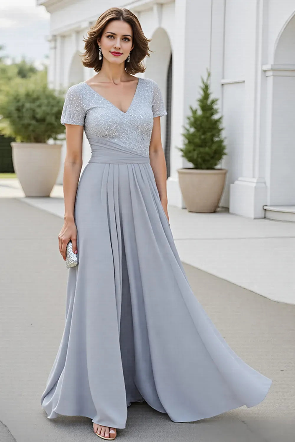 Silver Chiffon V-Neck Long Mother of the Bride Dress with Short Sleeves