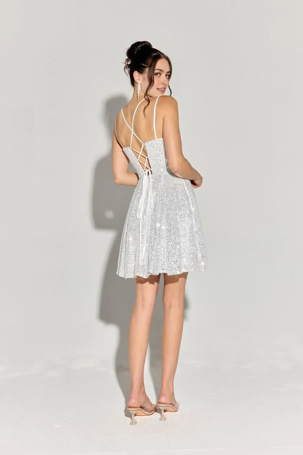 Silver Sequin Spaghetti Strap Homecoming Dress Sparkly A - Line Skirt Sweetheart Neckline Full - Glitter Party Vibe for School Dance