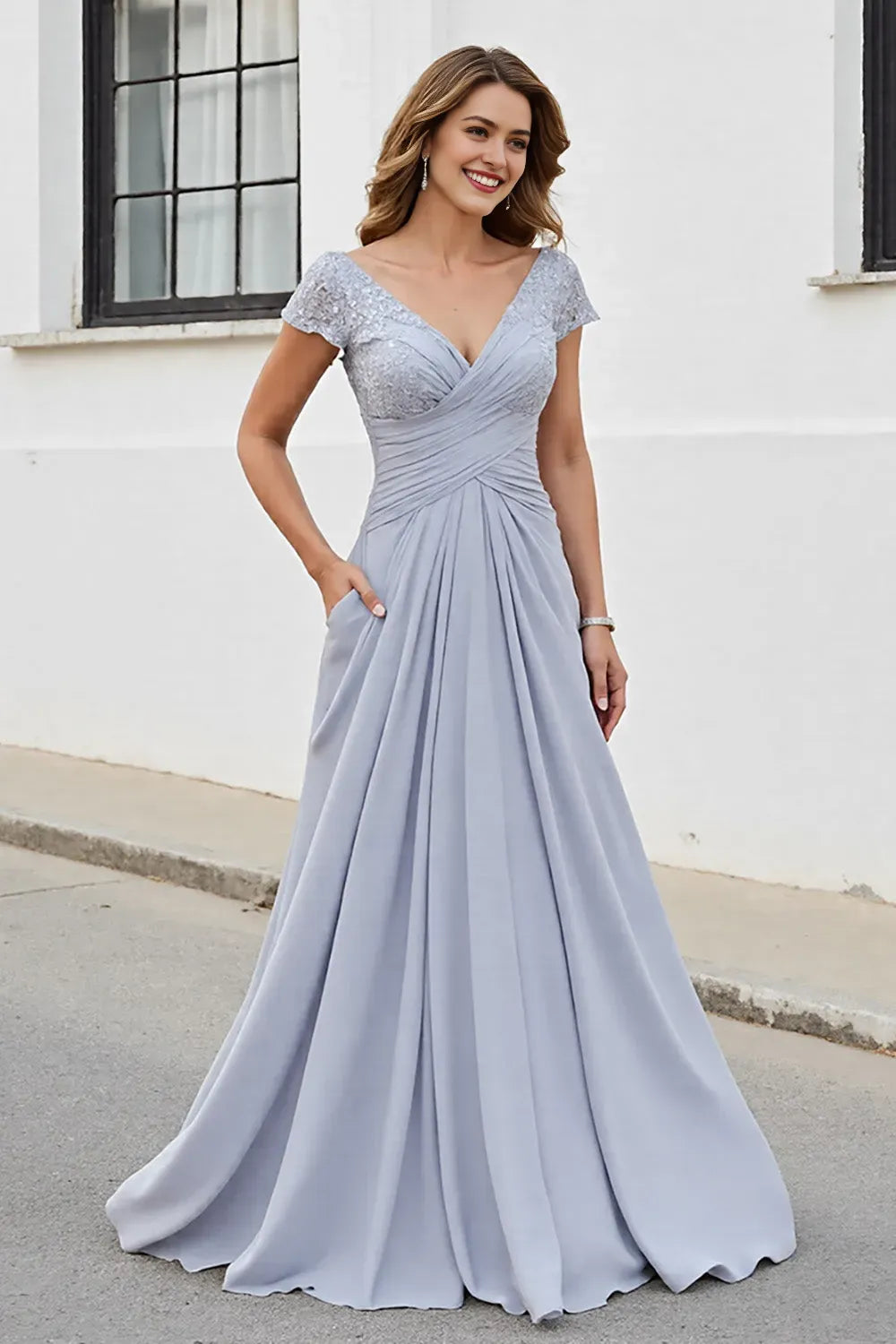 Silver V Neck Ruched A Line Mother Of The Bride Dress