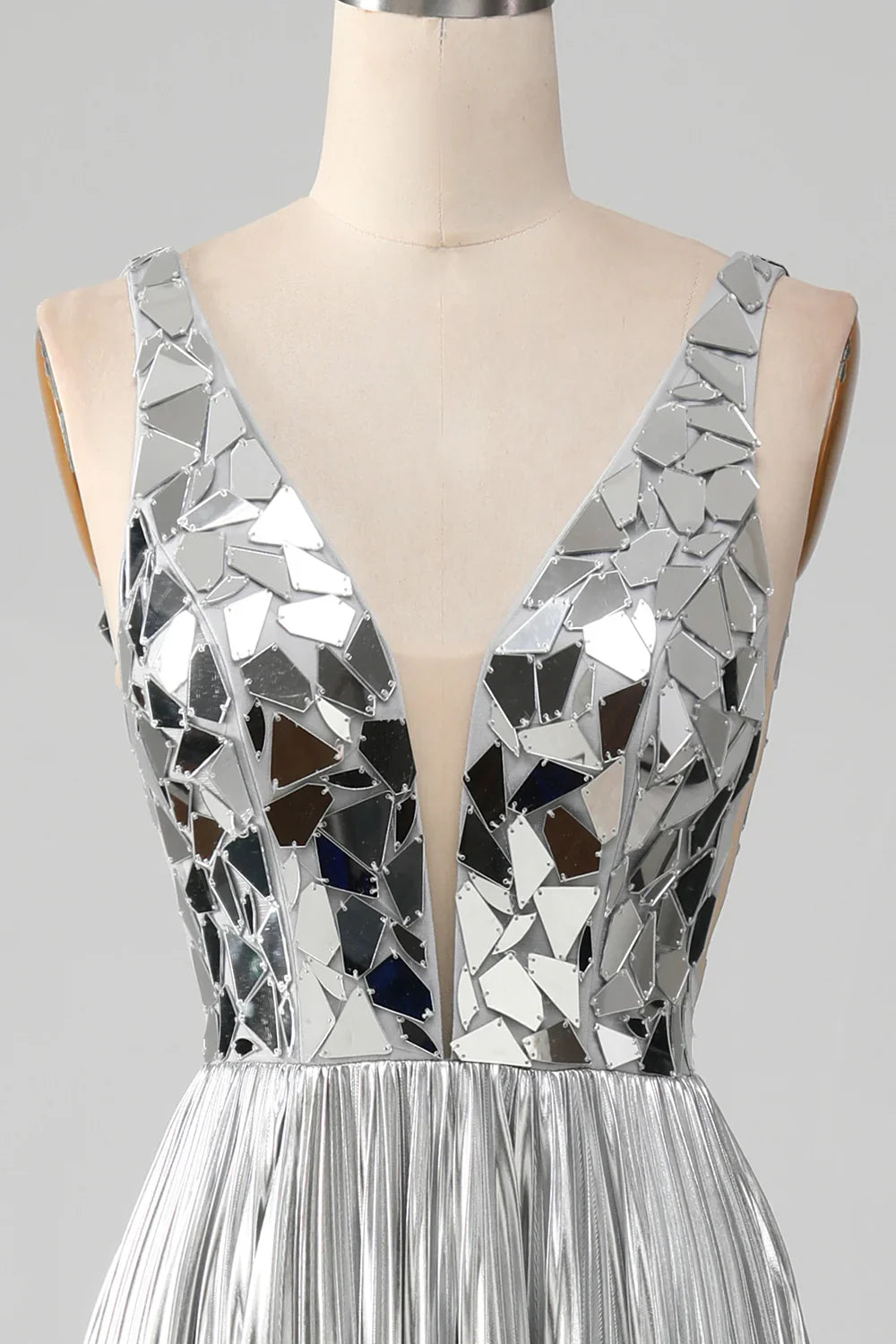 DingJiDress Sparkly A-Line V-Neck Silver Prom Dress with Slit