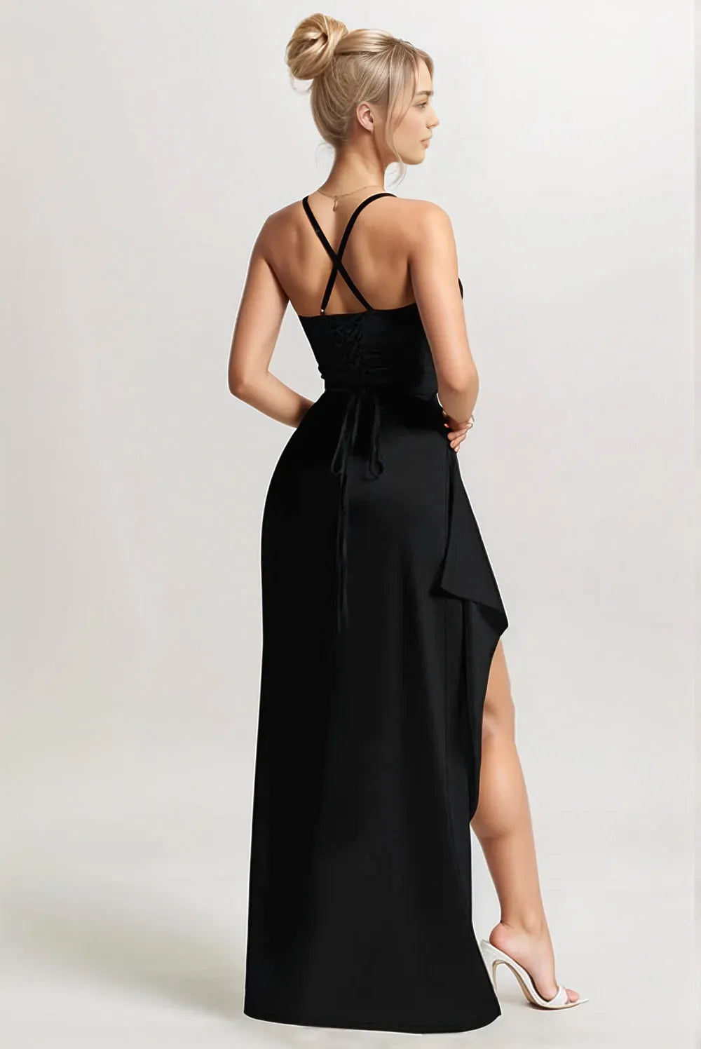 Simple Black Ruched Spaghetti Straps Long Evening Dresses with Slit