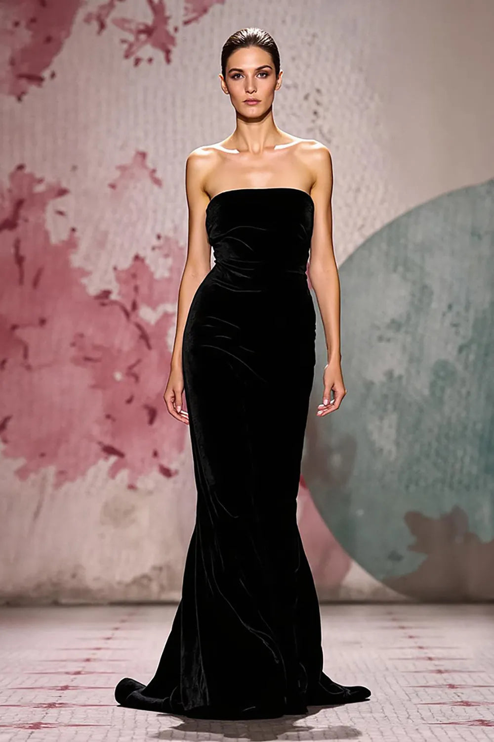Simple Black Velvet Strapless Mermaid Long Evening Dress ?