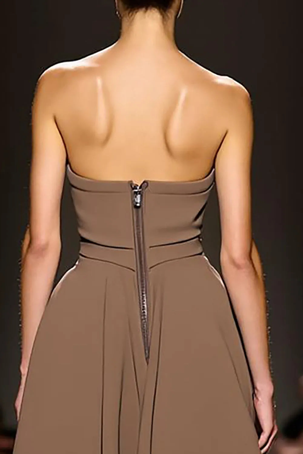 Simple Coffee Satin Sheath Strapless Long Evening Dress with Slit