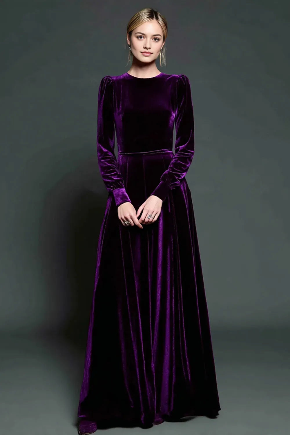 Simple Dark Purple Velvet A Line Long Holiday Party Dress with Sleeves