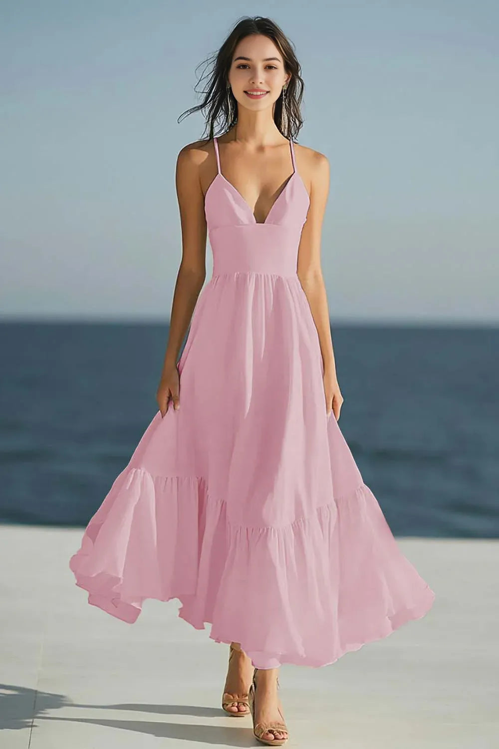 Simple Dusty Rose Spaghetti Straps Beach Long Prom Dress