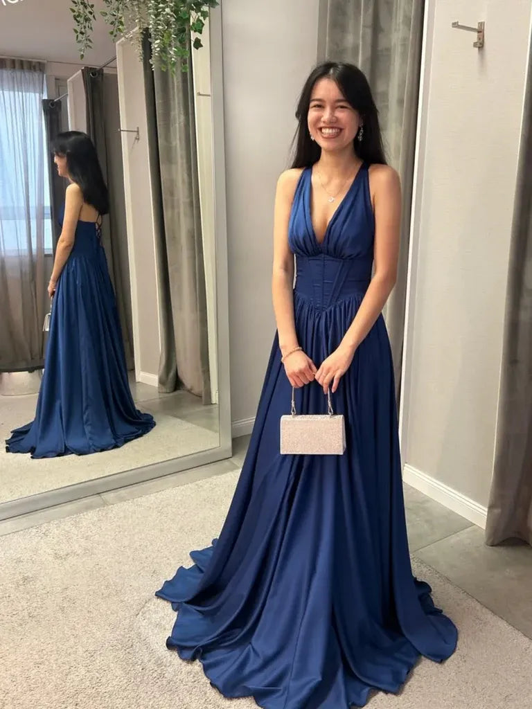 Simple Elegant A-Line V-Neck Corset Satin Navy Blue Long Prom Dress