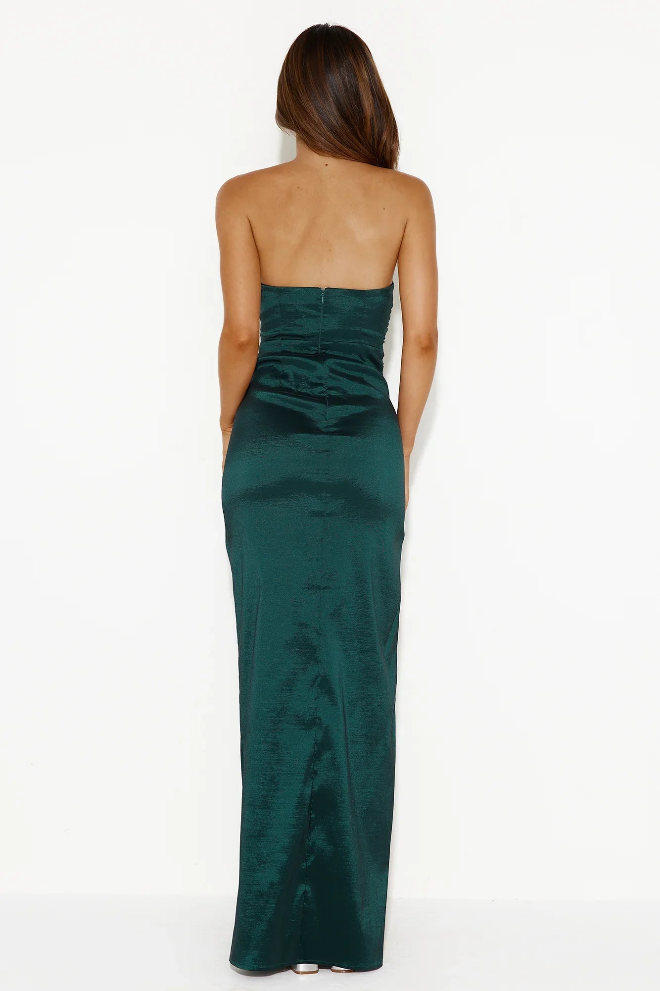 Simple Elegant Strapless Pleated Satin Forest Green Maxi Prom Dress With Side Slit